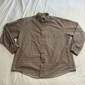 Munsingwear Mens Long Sleeve Button Down Shirt Tan Brown Geometric Pattern L